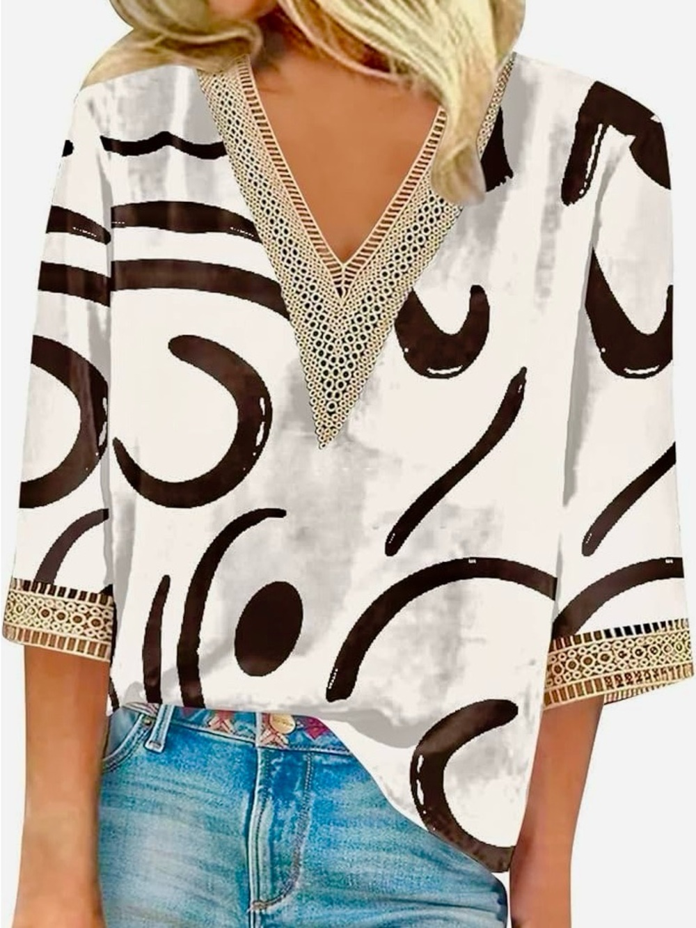Women's Abstract V-Neck Tunic Top - White & Black - Picture 3 of 5